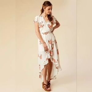 Altard State Flutter sleeve floral print faux wrap high low dress